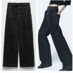 Zara Cargo Utility  Belted Denim Jeans High Rise Wide Gray
